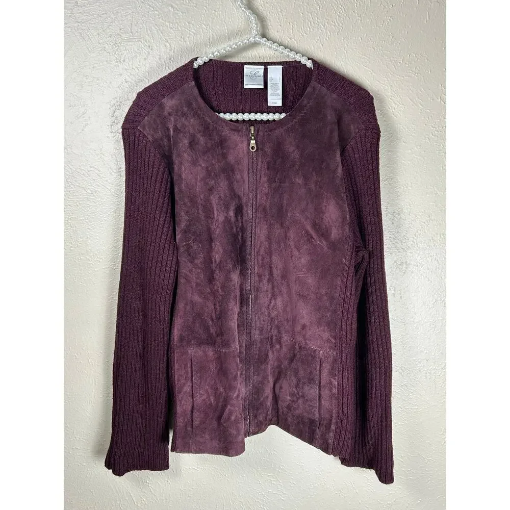 Emma James Suede Jacket Size Large Full Zip Wool Knit Maroon Coat Streetwear - Picture 1 of 11